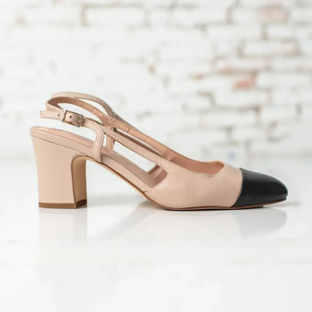 Talbots Women's 7.5 Leather Slingback Pumps Nude Beige Black Cap Toe Heels